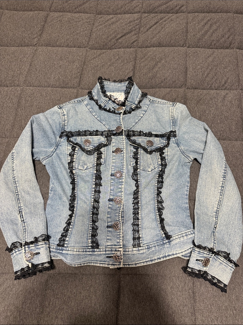 Anev Vtg Goth Light Wash Denim Jacket Black Lace Trim Ruffle Victorian Sm